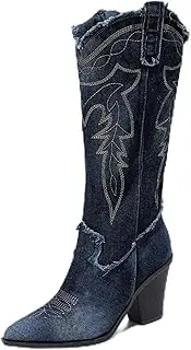 [Hcclijo] Denim Embroidered Retro Pointed Western Cowboy Boots Women's Thick Heel Knee High Boots