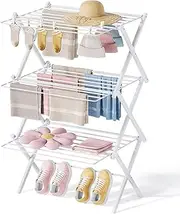 SYKIARIOL Clothes Airer, Foldable Clothes Drying Rack, Space-Saving Drying Rack with 3 Levels, Extendable Indoor Drying Rack Laundry, White