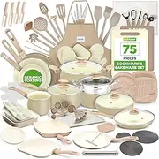 [Nutrichef] 75-Piece Non-Stick Pots and Pans Set, Complete Ceramic Cookware Set with Bakeware, Utensils, Knife Set, & Accessories, Stain-Resistant, Food-Grade Safe, Cream/Brown