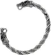 [DFWY] Nordic Viking Wolf Head Torc Stainless Steel Bracelet,Men Geri and Freki Twisted Cuff Bangle,Retro Religion Protection Animal Amulet Celtic Pagan Jewelry (Color : Silver)