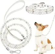 2 Pieces Dog Pearl Collar and Leash Set - 2 Rows Pet Necklace and 4 ft Wire With Crystal Rhinestone Cat Neck Strap for Pet (White, M)