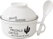 KLADNOVOJO Soup Bowls with Handles & Spoons, 34.5oz Ceramic Ramen Bowl with Lid, Large Soup Mugs/Cups for Instant Noodle, Big Cereal Bowls for Soup, Soup Containers with Lids(Cactus)