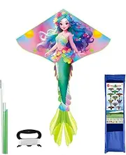 Large Mermaid-shape Kite, 90x59Inch Single Line Colorful with Tail Beginner Beach Kite with Winding Handle and Line Beach and Outdoor for Kids and Audlts Park Flying Games Activities