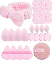 [MAANGE] Powder Puff and Makeup Sponges Set, Reusable Face Makeup Sponge Blender with Strap, Wet/Dry Use for Foundation & Powder, Fluffy Bow Headband and Wrist Absorbent Wristband, Used for Washing Face and Skincare (20PCS-Pink)