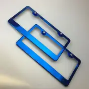 2x Blue Chrome Stainless Steel License Frame w/Screw Cap Honda Audi Subaru Scion