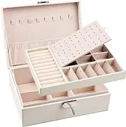 Yatinkim Jewelry Box with Lock 2 Layers Organizer Case for Women Girls White PU Leather Holder Boxes Removable Tray Rings Earrings Necklaces Display