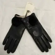 UGG Genuine Lamb Leather Pompon Black Gloves Wool cashmere Lined New with Tags