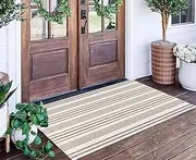 Khaki and White Striped Outdoor Rug 24'' x 51''Outdoor Front Porch Rug Hand-Woven Machine Washable Indoor/Outdoor Layered Door Mats for Entryway/Bedroom/Outdoor