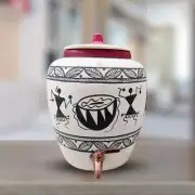 Mittify Handmade Earthen White Clay Water Pot with Lid & Metal Tap, Warli Design