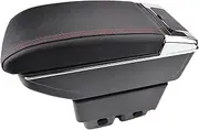 Center Console Storage Box Leather Dual Layer 2009-2017 Armrest Arm Rest Compatible For Ford Fiesta 2010 2011 2012 2013 2014 2015 2016(Red thread)