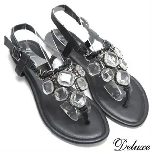【Deluxe】氣質浪漫寶石夾腳羅馬涼鞋(黑)-A-88