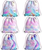 6 Pcs Drawstring Bag Kids Mermaid Bags, Drawstring Backpack Kids Mermaid Party Bags Swim Bag No Waterproof Kids Girl Kid Party Bag for Mermaid Themed Party Sea Party Gifts for Kids Girls (27x34CM)