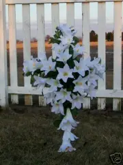 Silk White Lily Country Cross Memorial Sympathy Cascading Flower Wreath Stand