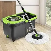 Spin Mop Bucket Set 360 Degree Mop Bucket with Wheels 4 Mop Heads Grey & Green
