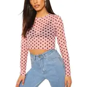 PINK POLKA DOT TOP SHEER MESH CROPPED CROP BOOHOO LONG SLEEVE MEDIUM UK SIZE 12