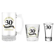 3pc LMD 30th Birthday Beer Stein/Whisky/Shot Drinkware Glasses Set Clear