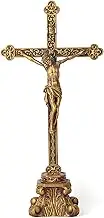 BC Catholic Standing Crucifix for Altar, Tabletop Crucifix Cross Inspirational Home Decor, Catholic Wedding Gift, Devout Gifts, Made of Resin, Vintage Gold Color Finish, 14.75" H Hand Painted by