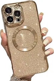 ELEPIK for iPhone 12 Pro Case with Camera Protector, [Full Camera Cover Protection] [Compatible with MagSafe] [Glitter Bling Plating] Clear Magnetic Slim Phone Case 6.1 inch, Gold