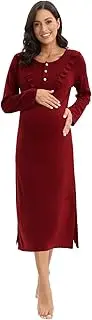 [Flightbird] Nursing Nightgown 3 in 1 Delivery/Labor/Nursing Hospital Gown Nightgown Long Sleeve Breastfeeding Sleepwear Maternity Dress, Wine Red, XX-Large