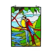 Stained Glass Macaw Love Birds Tiffany-Style Window Panel Suncatcher 18x25