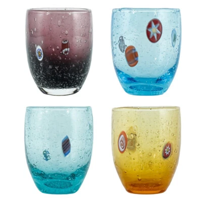 Set of Four 4 Murano Glass Shot Artisan Blue Purple Yellow Millefiori 2oz Venice