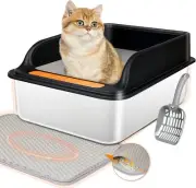 Stainless Steel Cat Litter Box, Large High-Sided Litter Tray for Big Cats, Luxur