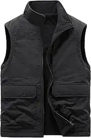[Generic] Men's Double-Sided Vest Outdoor Fleece Lightweight Sleeveless Jacket Multi Pocket Zipper Workwear Outerwear, Black, 4X-Large