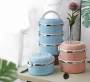 Multiple Layered Portable Round Stainless Steel Insulated Bento Lunch Box Food Container with Handle Leak Proof (Single-Pink)