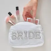 White Embellished Pearl Bride Makeup Bag