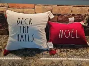 RAE DUNN Christmas Throw Pillow Set FEATHER White Black Flannel Red Farmhouse