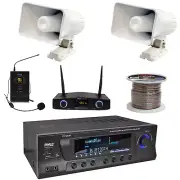 Pyle Home Amplifier, 2x 6" PA Horn Speakers, Wire, Wireless Microphone System