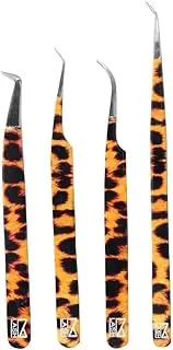 M LASH Set Of 4 Diamond Grip NANO Fiber Tip Eyelash Extensions Tweezers - Japanese Steel Lash Supply (Leopard)