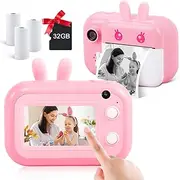 MINIBEAR Instant Print Camera for Kids with 3' Touch Screen, 28MP Digital Camera, 1080P Selfie Video Camera, Children Toy Camera with 32GB TF Card for Boys and Girls (Pink)