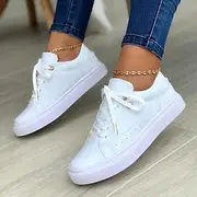 Women's White Casual Lace-Up Sneakers with Cushioned Sole - Trendy Everyday Walking Shoes