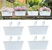LalaGreen Hanging Planter for Rail - 4 Pack, 12 Inch White Metal Rectangle Hanging Flower Pots Deck Rail Fence Bucket Modern Countryside Style Window Box Plant Holder with Hooks Outdoor Porch Decors