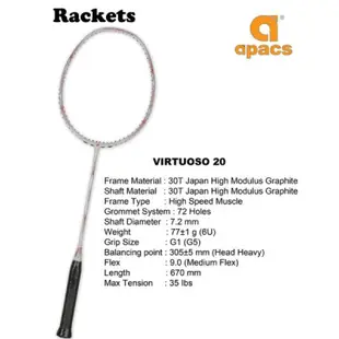 APACS品牌VIRTUOSO 20,30.50.68.80羽球拍