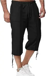 Cotton Linen Capri Pants for Men Summer Elastic Waist Yoga Shorts Casual Lightweight Baggy Beach Pants with Pockets