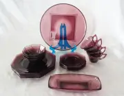 Hazel Atlas Amethyst Moroccan Octagon Purple Glass Dish Set w Serving Platter