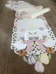 Bright Embroidered Tulips & Geese Table Runner Spring Tulips Birds Ribbon Linens