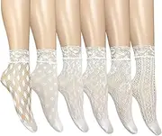 [changyexi] 6 Pairs Women's White Lace Ankle Socks - Elegant Lacy Fishnet Designs, Intricate Floral and Geometric Patterns, for Casual and Dressy Outfits, White, One Size