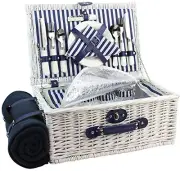 Picnic Basket Willow for 4 Persons, Large Wicker Hamper Set with Big Insulated