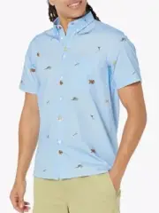 $175 PS PAUL SMITH Mens Short Sleeve Button Up Beach Motif Shirt, Blue, Small.