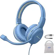 SIMOLIO Wired Headphones-School with Microphone, Stereo Kids Headphone with Flexible Swivel Boom Mic for Student K12 & Teacher & E Learning (Light Blue)