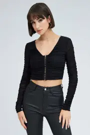 Black Mesh Top Long Sleeve Ruched Hook And Eye - Size S, Women's Top