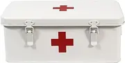 Mowhut First Aid Box, First Aid Kit Supplies Organizer, First Aid Kit Empty with Safety Lock & Portable Handles, Medicine Box with Red Cross, Metal Storage Bin for Home Emergency Tool Set - White