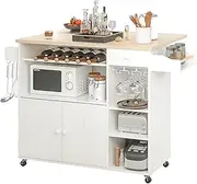 IRONCK Rolling Kitchen Island Cart with Drop-Leaf and Wine Rack, Microwave Rack Serving Cart on Wheels with Drawer & Shelves & Spice Rack & Cup Hanging, White