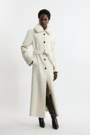 Premium Italian Manteco Wool Detachable Faux Fur Collar Belted Tailored Maxi Coat