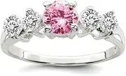 [JewelryWeb] 925 Sterling Silver Polished Solid Back Pink Round CZ Simulated Diamond With Side Stones Ring Band Style-Ring for Women