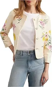 [YEXPINE] Women's Embroidered Floral Tweed Jacket Cropped Collarless Lightweight Open Front Elegant Jackets