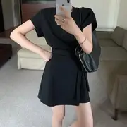 Short-Sleeve Crew Neck Plain Lettering Embossed Mock Two Piece Mini A-Line Dress Black - One Size